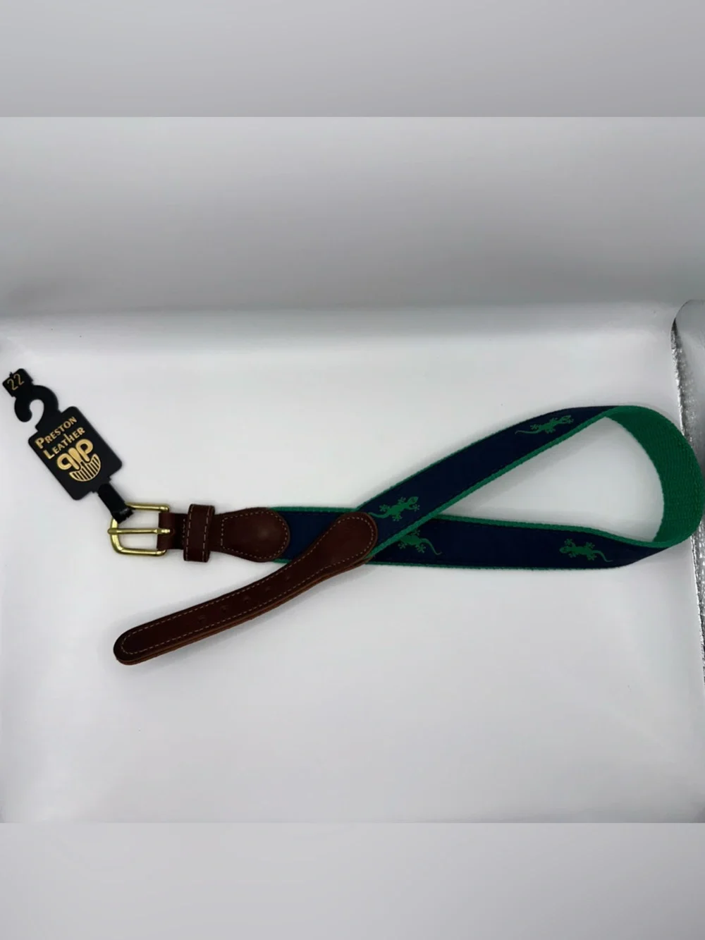 Kids Navy and Green Embroidered Canvas Belt with Brown Leather Trim
